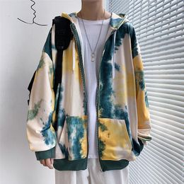 Men's Jackets Men Spring Tie Dye Hooded Japanese Harajuku Hip Hop Trendy Loose Outwear Handsome College Cazadora Hombre Male