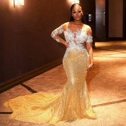 2024 Elegant Gold Lace Mermaid Long Prom Dresses For Black Girls Sheer Neck Plus Size Sweep Train Formal Evening Occasion Gowns