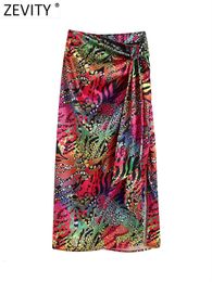 Skirts Zevity Women Vintage Contrast Colour Print Knotted Sarong Midi Skirt Faldas Mujer Female Back Zipper Summer Vestidos QUN2379 230417