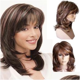 Synthetic Wigs Suq Medium Long Wig For Women Womens Hair Mixed Brown And Black Wavy African Female Haircut Puffy Natural Tobi22 Drop D Dhxnl