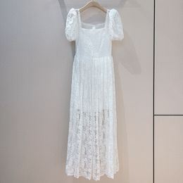 European fashion brand white square neck short sleeved butterfly pattern lace midi dress