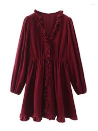 Casual Dresses YENKYE Elegant Women Wine Red Corduroy Dress Sweet Ruffle V Neck Female Christmas Mini