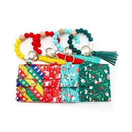 Christmas Designs Personalized Silicone Beaded Stretched Tassel Credit Card Holder Xmas Printing Wallet Wristlet Keychain