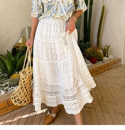 Skirts White Floral Embroidery Long Skirt Women Casual Cotton Summer Skirts Vintage Elastic High Waist Boho Beach Lace Falda 230417