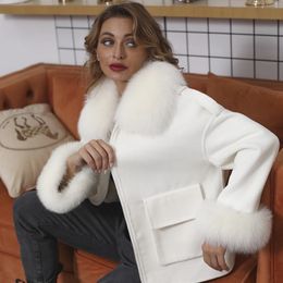 Women's Wool Blends Autumn Coat Women Casual Fashion Big Pocket Cashmere Coats With Real Fur Collar Cuff Short Tweed Jacket 231116