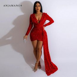 Casual Dresses ANJAMANOR Sequin Beaded Asymmetrical Glitter Birthday Outfits Women Luxury Sexy Party Dress Evening Gown D42-GC62