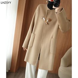 Women's Wool Blends LHZSYY 2023 Winter Doublefaced Woollen Coat Ladies Pure MidLength Jacket ONeck Large Size Cardigan Cashmere Casual Thick 231116