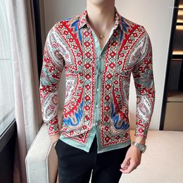 Men's Casual Shirts Men's Ethnic Floral Dress Long Sleeved Slim Fit Royal Banquet Blouse Men Autumn Prom Party Camisas Para Hombre