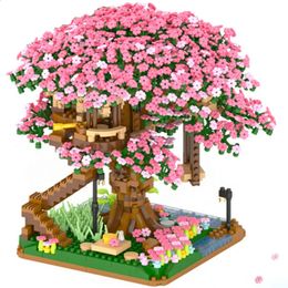 Other Toys 2138pcs DIY Discoloration Cherry Blossom Flower Pink Tree House Train Assembly Building Blocks Classic Model Bricks Sets Kid 231116