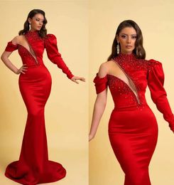 Prom Dresses Red Evening Gown Party Formal New Custom Plus Size Zipper Mermaid Satin Long Sleeve Sweep Train High Neck Beaded Crystal