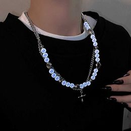 Pendant Necklaces Vintage Double Layer Titanium Steel Reflective Pearl Chain Cross Pendant Necklace Trend Beaded Choker For Women Party Jewellery Z0417