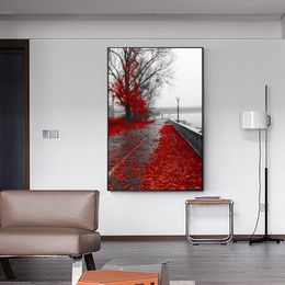 Street With Red Maple Leaves Painting Canvas Print Wall Art Picture For Living Room Home Decor Wall Decoration Frameless