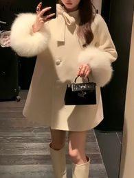 Women's Wool Blends High-end Reversible Cashmere Coat Women Winter Clothes Fashion Long Sleeve Loose-fit Sweet Elegant Cape Woolen Coats 231116