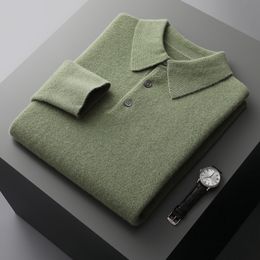 Men's Polos MVLYFLRT 100% Pure Wool Men's POLO Collar Pullover Autumn and Winter Honeycomb Needle Shirt Fashion Knitted Men's Jacket 230417