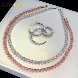 Chokers 5A Heart CZ Tennis Choker Necklace White Pink Cubic Zirconia Iced Out Bling Pink Hearts Women Jewellery Valentine's Day Gift 231116