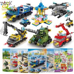 Blocks HUIQIBAO 6IN1 City Fire Car Police Truck Engineering Crane Building Blocks Tank Helicopter Bricks Set Toys for Children Kids