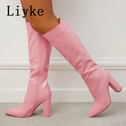 Boots Liyke Spring Autumn Motorcycle Women Pointed Toe Zip Knee High Boots Fashion Pink Snake Print Square Heels Party Long Shoes Lady 231116