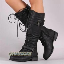 Boots Knee High Women Boots Autumn Woman Shoes Winter Lace Up Vintage Flat Shoes Sexy Steampunk Leather Retro Buckle Ladies Snow Boots 231117