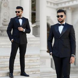 Men's Suits Black Men's Suit 2 Pieces Blazer Pants Double Breasted Satin Peaked Lapel Business Slim Fit Wedding Groom Tailored Costume