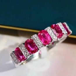 Band Rings 2023 NEW Classic Oval Ruby Full Diamond Couple Ring For Women Geometric Zirconia Silver Plated Christmas Gift Party Jewelry AA230417