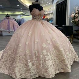 2024 Pink Quinceanera Dresses Sexy Off the Shoulder Princess Ball Gown Appliques Lace Beads Long Corset Party Dress for 15 Year Girl