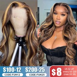 Synthetic Wigs Highlight Human Hair 13x4 Lace Frontal Coloured For Women 30 Inch Honey Blonde Body Wave Front 230417