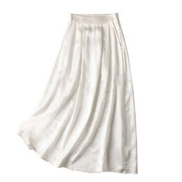 Skirts SuyaDream White Skirt for Woman Silk Blend Elastic Waisted Jacquard Long Skirts Spring Summer Chic Bottom 230418