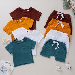 Clothing Sets 04Y Boys Girls Clothing Sets Summer Solid Cotton Linen TshirtsElasctic Shorts Kids Clothes Casual Clothing Sets for Children 230418