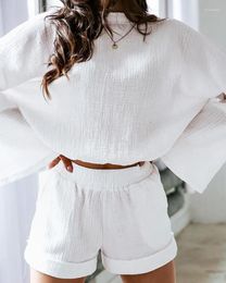 Women's Tracksuits 2023 Casual Two-piece Women's Coat White Lace Up Detail Backless Long Sleeve Top And Shorts Set