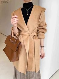 Women's Wool Blends Autumn Mid-length Hooded Coat Women Black Water Ripple Cashmere Coat Fe New Winter Casual Lace-up Loose Beige Coat ClassicL231118