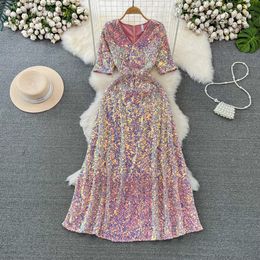 Casual Dresses Women Evening Party Dress Banquet Celebrity Host V-Neck Slim Waist Elegant Fish Tail Wrapped Hip Pink Sequin Dresses 2024