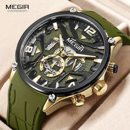 Armbanduhren MEGIR Olivgrüne Sportuhr Herren Mode Silikonarmband Wasserdicht Chronograph Quarz Armbanduhr mit automatischem Datum Leuchtzeiger 231118