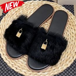 Womens designer slippers Wool Lock Slides Sandals black white blue pink fuchsia brown luxury ladies winter slipper women outdoor warm flat sandal shoes Eur 35-40