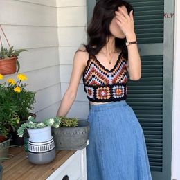 Women s Tanks Cami Summer Crochet Knit Spaghetti Strap Crop Top Ethnic Vintage Embroidery Colorblock Geometric Beach Camisole Vest 230417