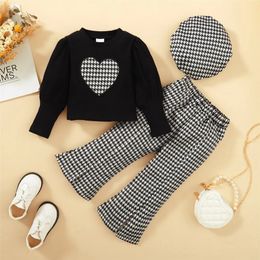 Clothing Sets 1 6 Year Kids Baby Girl Korean Style Clothes Set Love Heart Print Long Sleeve Top Plaid Pants with Hat Fashion 3PCS Outfit 231117