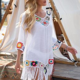 Women's Swimwear Bikini Cover Up Hollow Out Crochet Patchwork Summer Loose-fitting Sun Protection Swimwear Tunic for Beach 230417