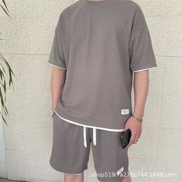 Men's Tracksuits Fashion Mens Clothing Waffle Suit Summer Short-sleeved T-shirt Shorts Sweatpants Two-piece Suit Mens Shorts Set 230418