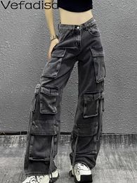 Men's Jeans Vefadisa Summer Women Jeans Black White Cargo Pants Multi Pocket Loose Slim Wide Leg Pants Personalised Girl Pants ZY1722 231118