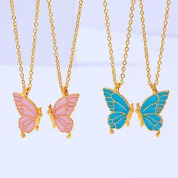 Pendant Necklaces New Blue Pink Butterfly Couple Necklace Exquisite Best Friend Pendant Necklace for Women Valentine's Day Gift Jewellery 2PCSset Z0417