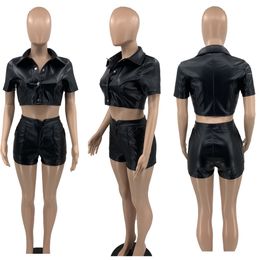 New Designer Leather Tracksuits Summer Women Two Piece Sets Outfits Short Sleeve Shirt Crop top and Shorts Casual PU Sportswear Sweatsuits Bulk Clothes 9732