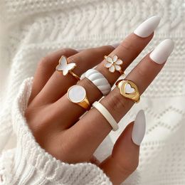 6 Piece / Set Women Bohemian white Rings Ethnic Style Vintage love Butterfly flower Joint Ring Fashion Jewellery