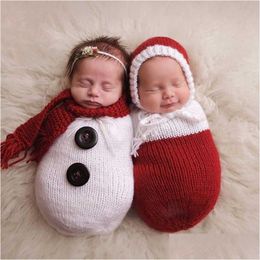 Christening Dresses Newborn Pography Props Wrap Christmas Snowman Cloghet Slee Bag With Scarf Hat Picture Clothing Shooting Styling Su Dhfgk