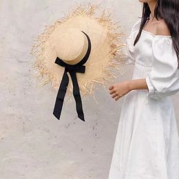 Fashion New Raffia Flat Top Sun Hat Summer UV Protection Ladies Outdoor Wide-brimmed Beach UPF50 Wedding Big Straw Hat