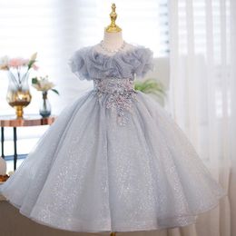 lace pearls Flower Girls Dresses for wed luxury birthday Elegant Appliqued Lace Beads First Communion Dress Princess crystals shiny Custom Made Kids Pageant Dress