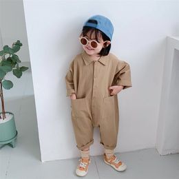 Rompers Children Clothing Jumpsuit Autumn Boys Girls Casual Letter Tooling Denim Baby Kids Clothes Japanes Korean Style 1-7 Y 230418