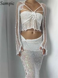 Two Piece Dress Sampic Sequins Knitted Hollow Out Long Sleeve Crop Top And Midi Bodycon Skirt Set Summer Women Beach Outfits 230418