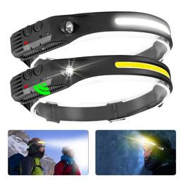 Headlamps Hand scanning sensor headlight COB LED flash USB charging 5light mode flashlight camping fishing work 231117