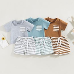 Clothing Sets Baby Summer Kids Clothes Girls Boys Casual Party Short Sleeve Round Neck Tops Striped Drawstring Pants Suit