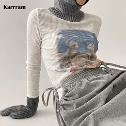 Women's T-Shirt Karrram Korean Fashion Designer Clothes Y2k Tops Fairycore Graphic T Shirts Long Sleeve Ribbed Tshirts Kawaii Vintage Streetwear 230418