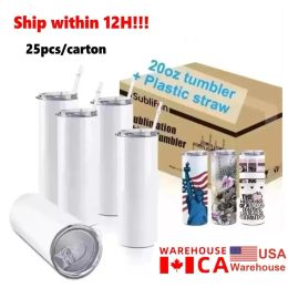 Local Warehouse Sublimation Mugs Tumbler 20 Oz Stainless Steel Straight Blank white Tumbler with Lid and Straw for Heat Transfer DIY Gift Coffee Bottlle 1118